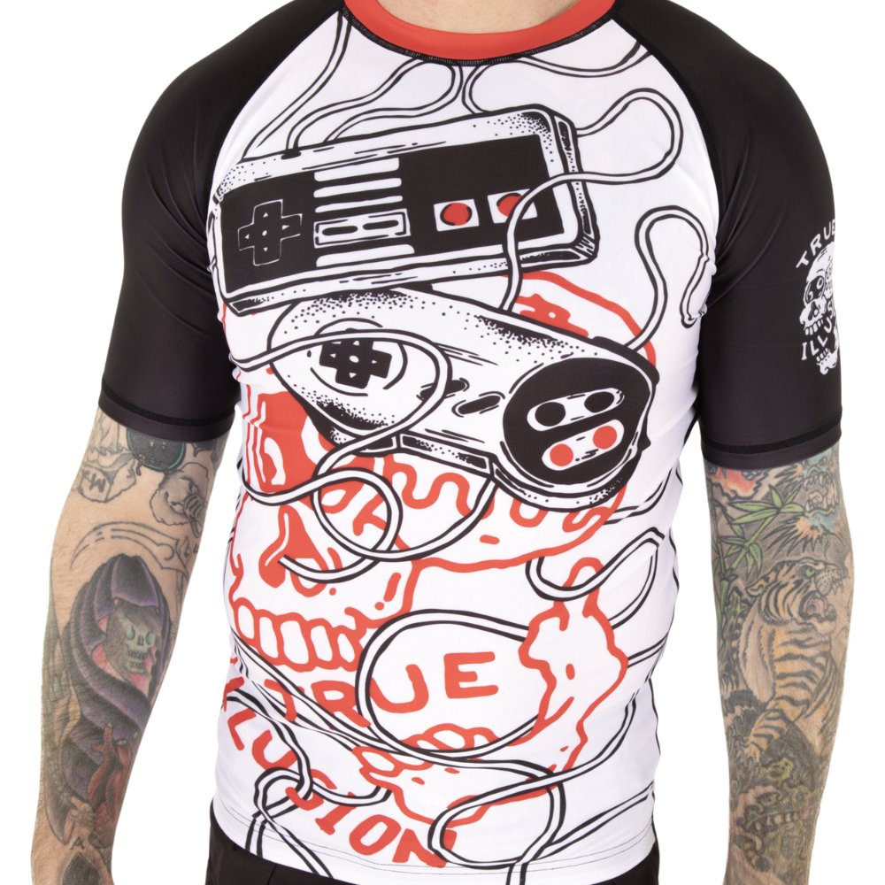 Premium Front View: True Illusion Short Sleeve BJJ Rash Guard - Game Over