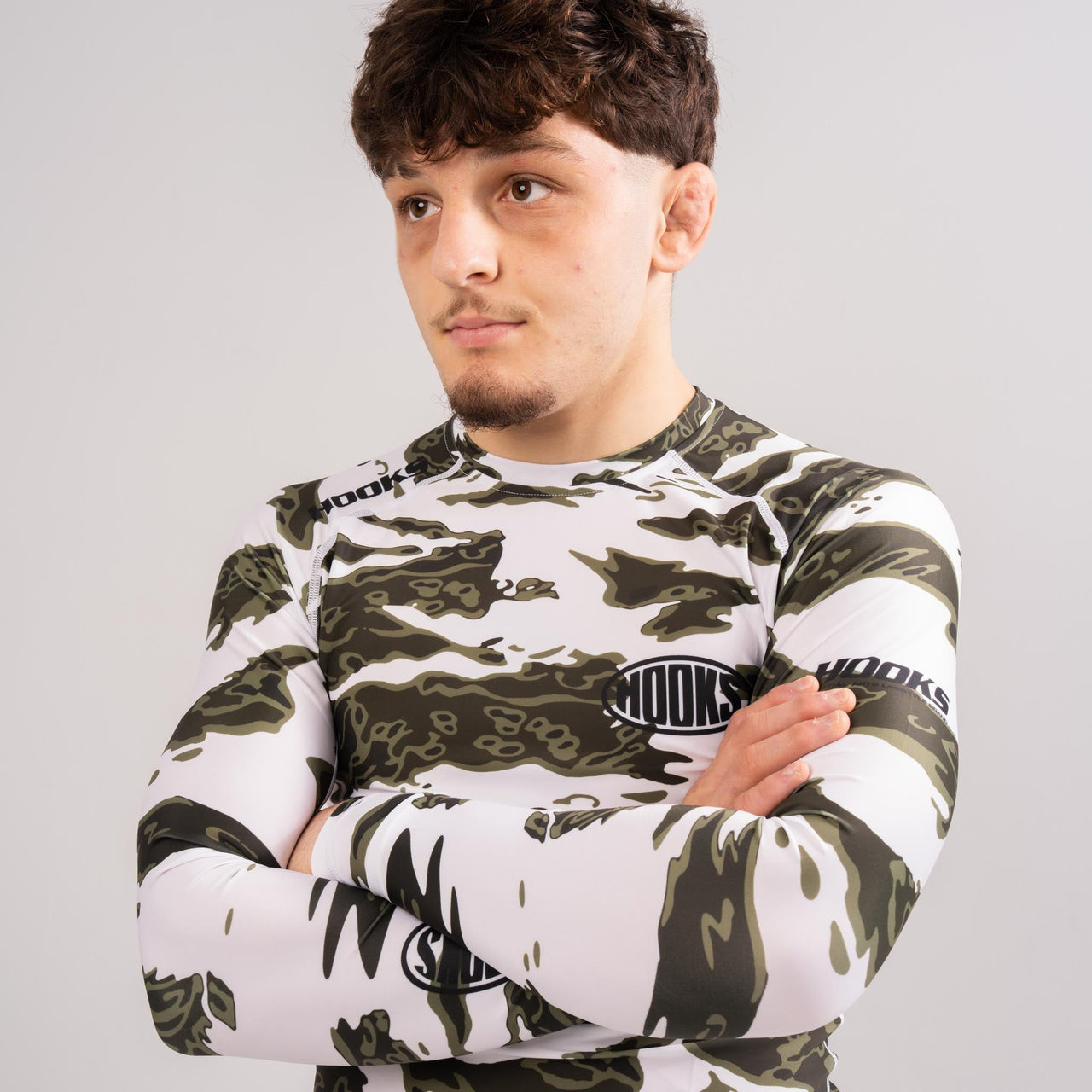 Hooks Long Sleeve BJJ Rashguard - Tiger Camo - White