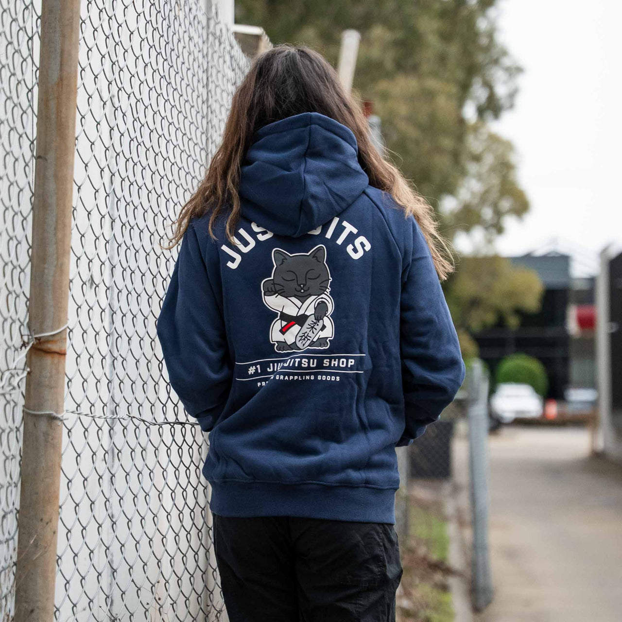 Just Jits BJJ Hoodie – Da Boss, back view when worn, showcasing the Digby graphic