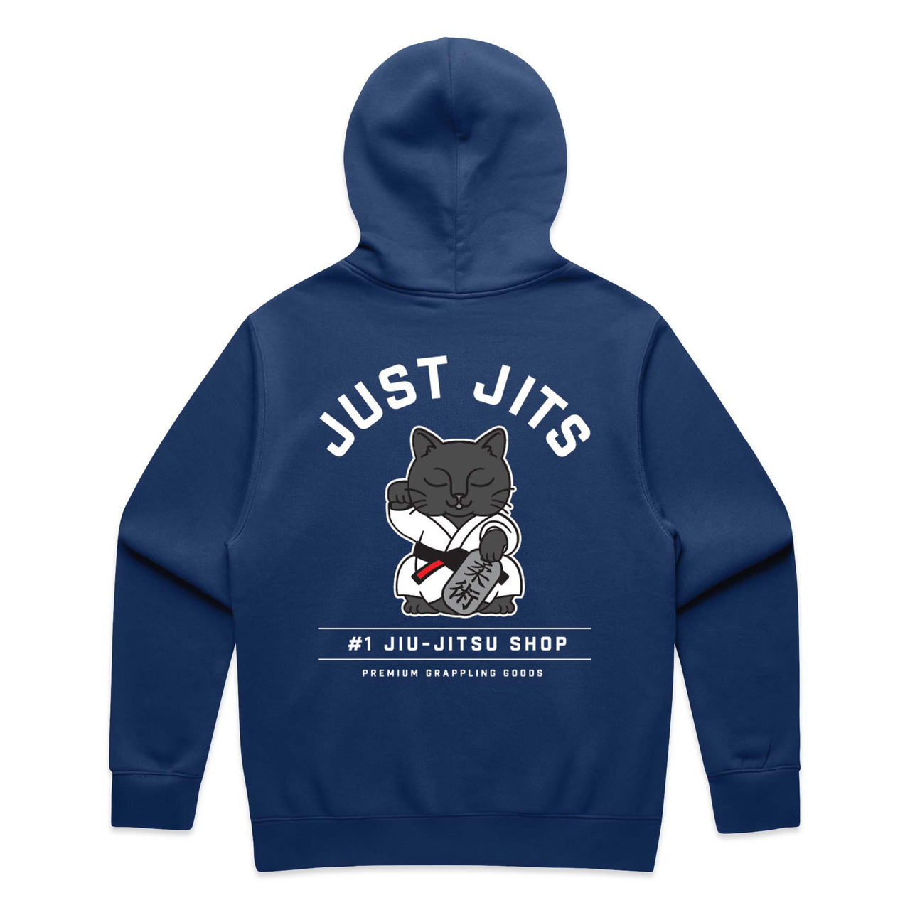 Flat lay of Just Jits BJJ Hoodie – Da Boss, back design featuring Digby in lucky cat pose