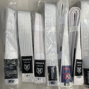 Hooks Clearance White BJJ Belt, multiple belts in packaging showing various sizes from M00 to M4