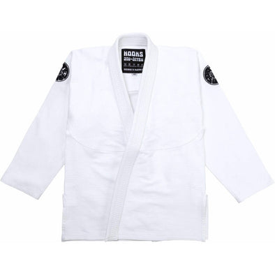 White HOOKS Kimono Front View JIU JITSU Arte Suave gi, showcasing heavy-duty fabric and shoulder patches for martial arts
