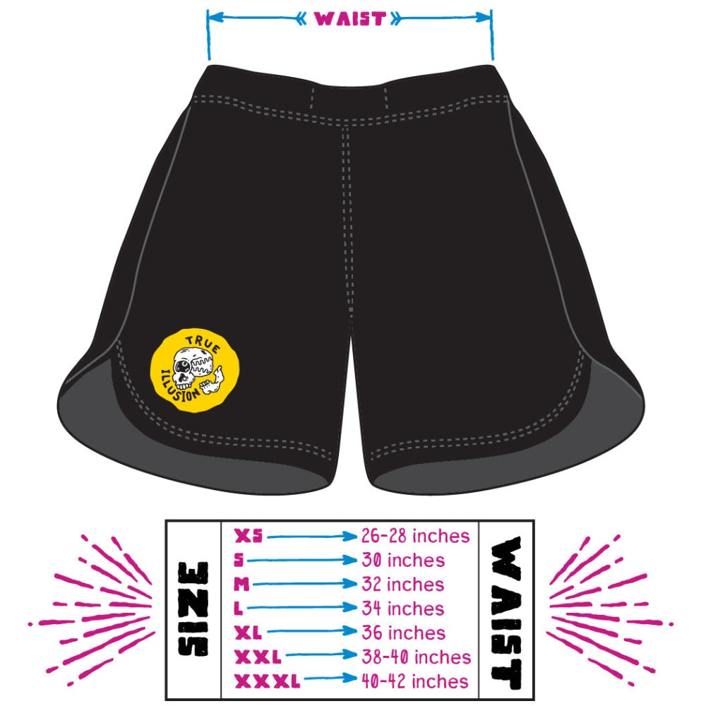 True Illusion Game Over Brazilian Jiu Jitsu Shorts: Size Guide for Combat Shorts, perfect for MMA and grappling athletes.
