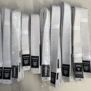Hooks Origin White BJJ Belt, multiple folded belts in various sizes laid out showing woven texture and branded labels