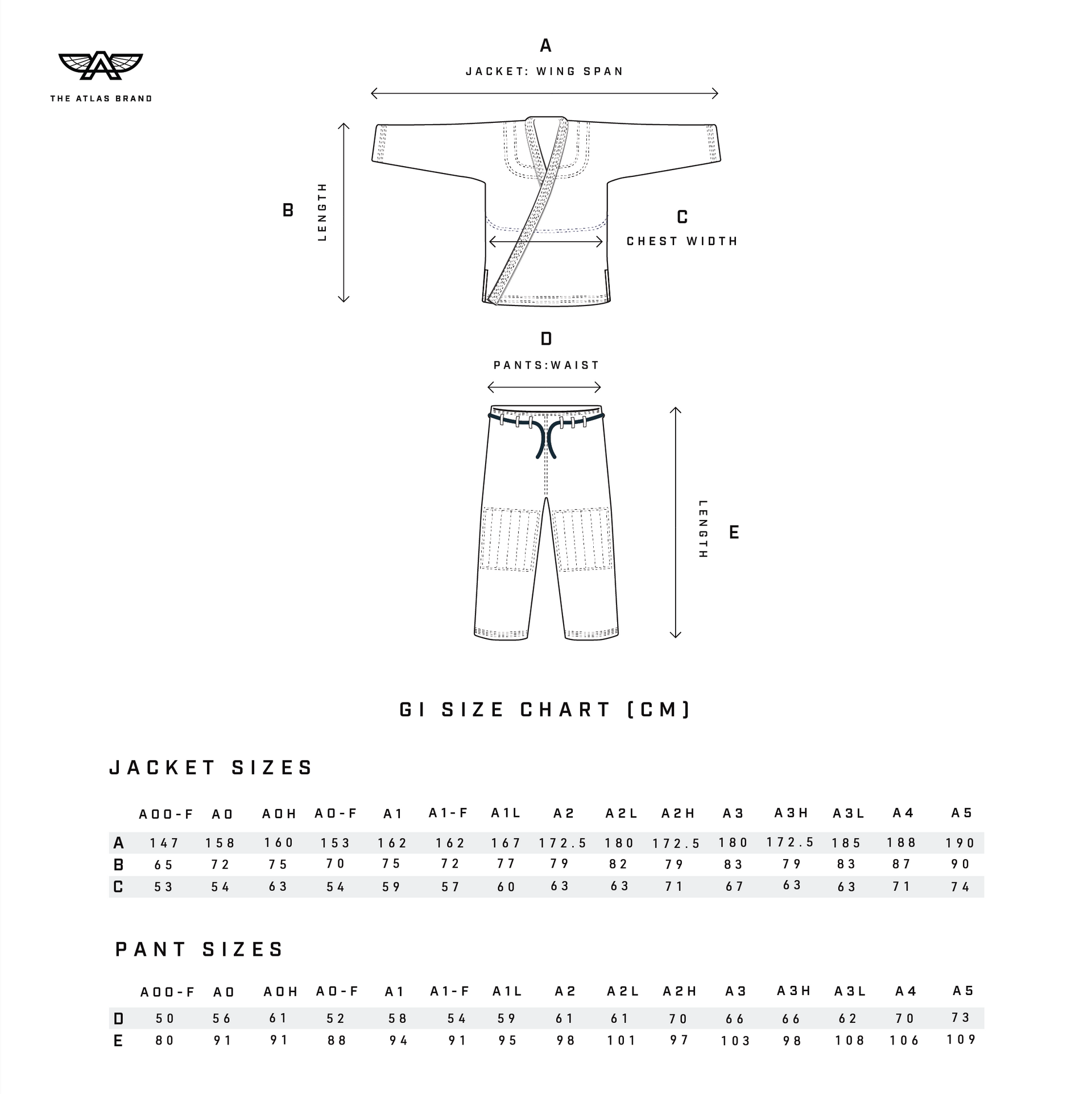 Atlas BJJ Adults Measurements Chart