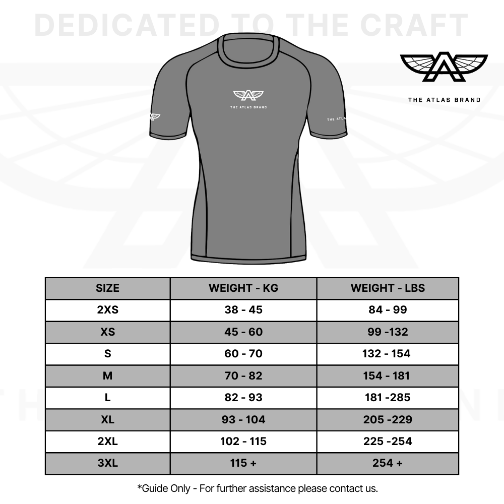The Atlas Brand rash guard size chart