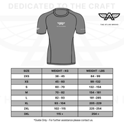 The Atlas Brand rash guard size chart