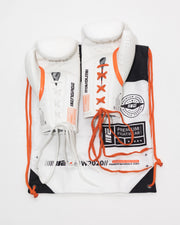 White drawstring bag with black and orange accents on a white background