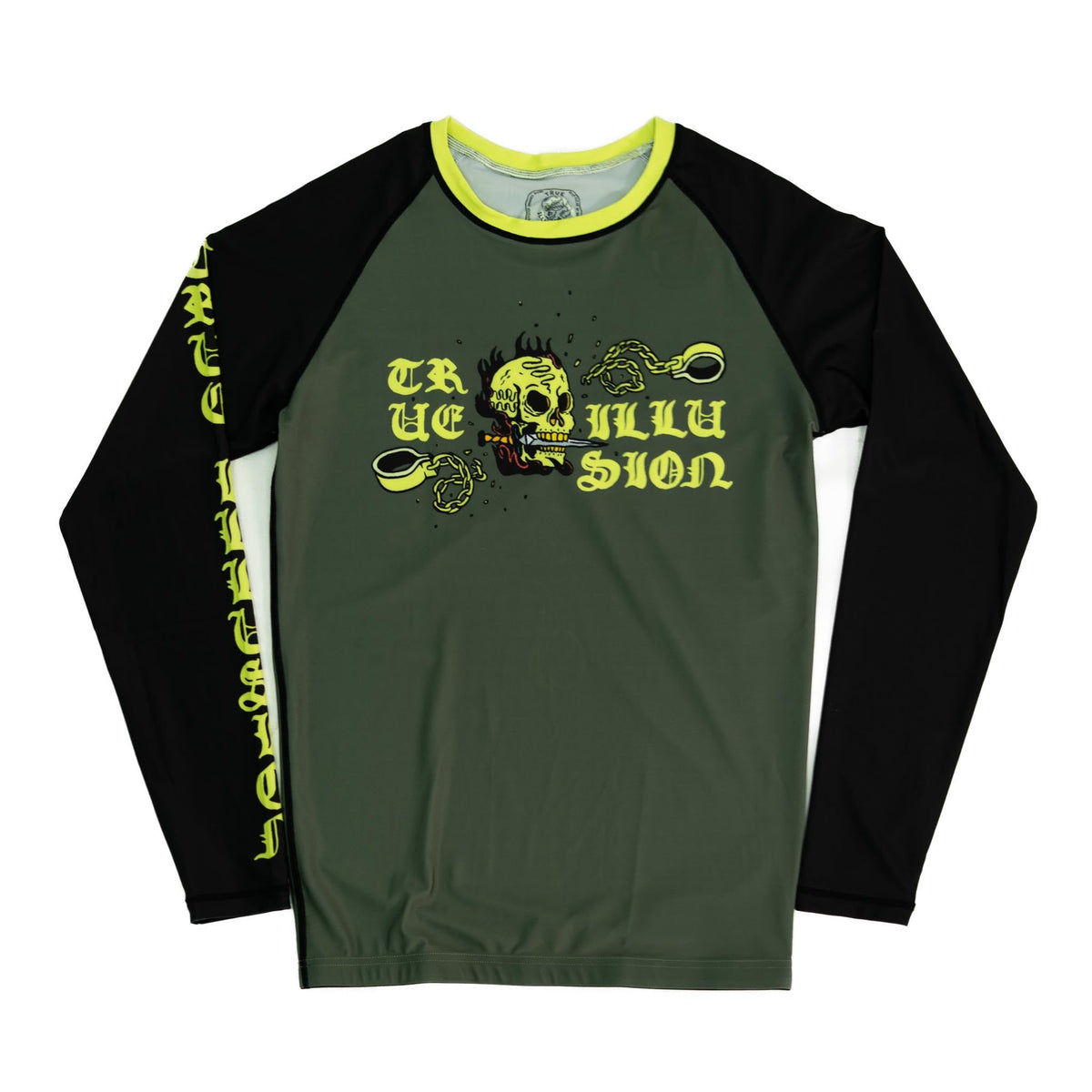 True Illusion Women's Long Sleeve Rash Guard - Fire Skull flat lay