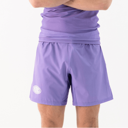 Hooks Fusion Grappling Shorts Lavender, front view worn, showing elastic waistband and tonal logo patch