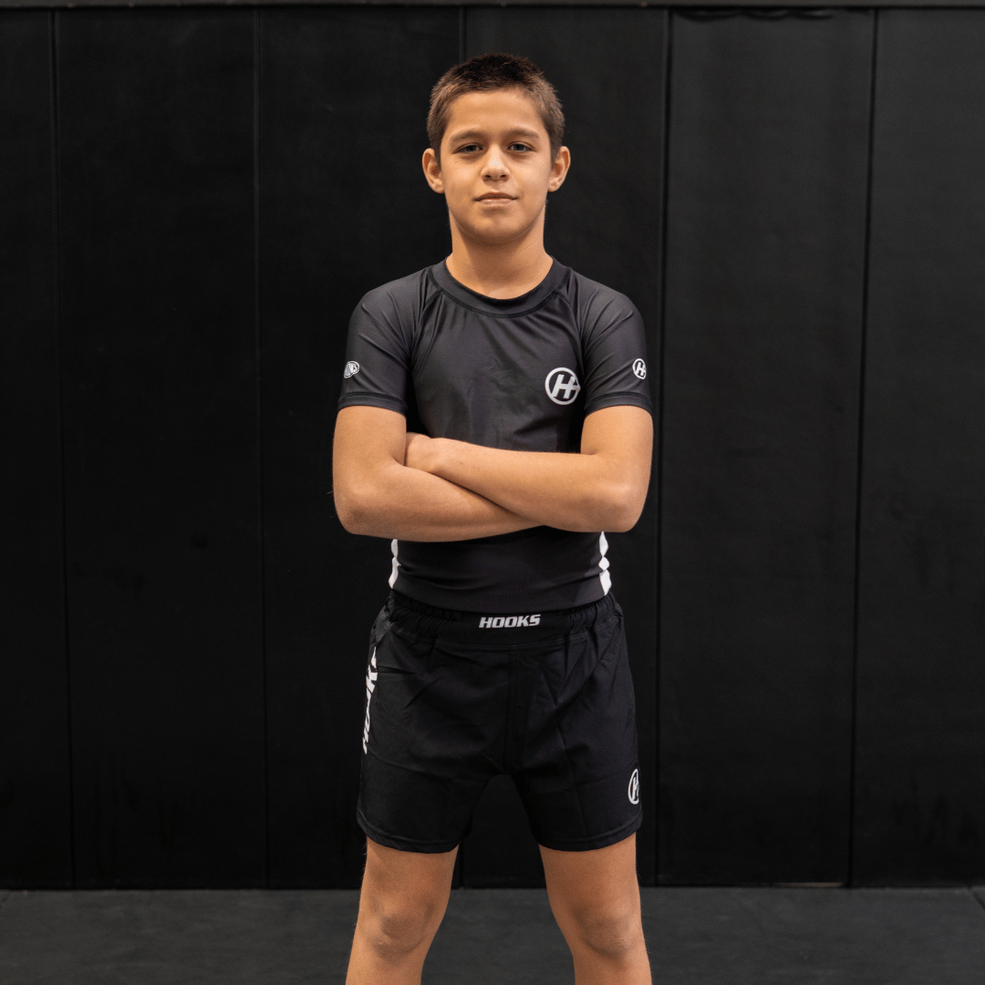 Hooks Pursuit BJJ kids rashguard when worn
