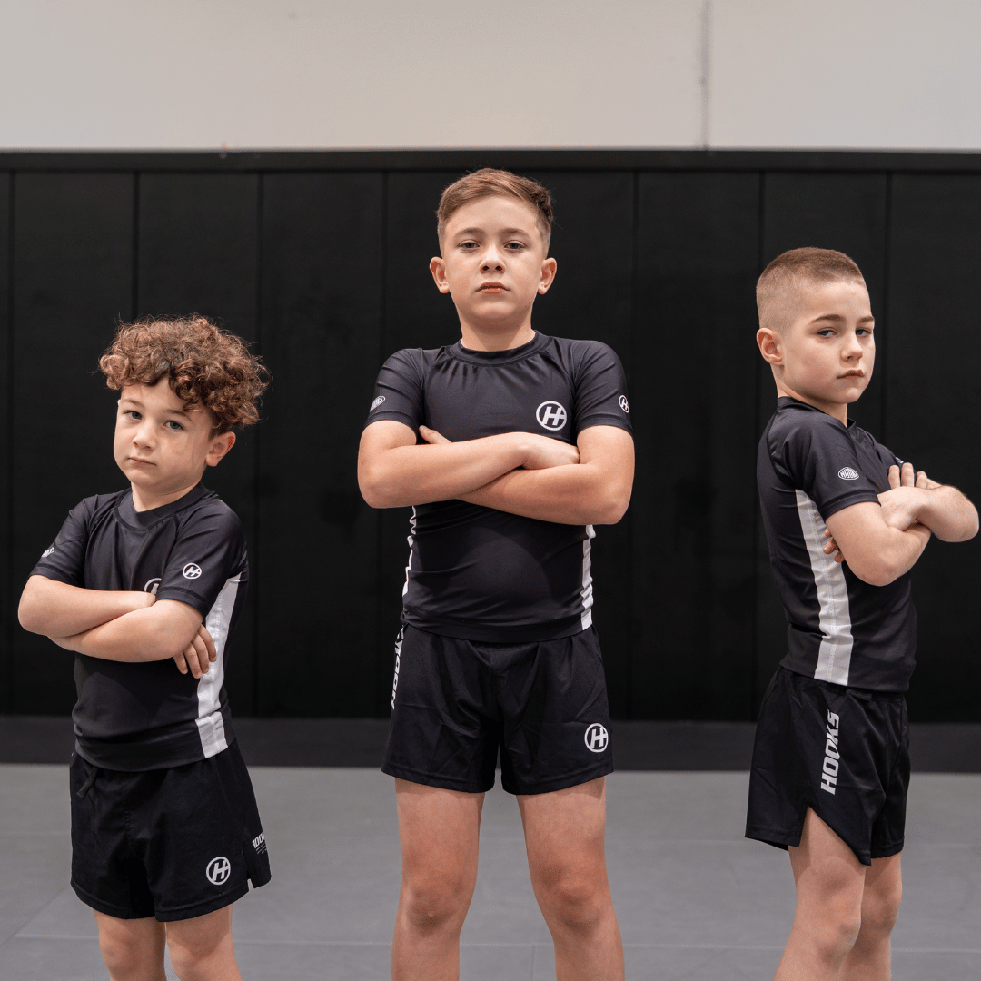 Hooks Pursuit BJJ kids rashguard and shorts when worn