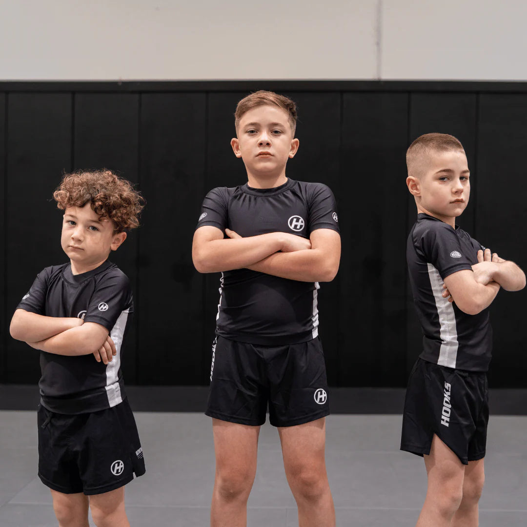 Hooks Pursuit BJJ kids rashguard and shorts when worn