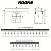 Hooks BJJ gi size chart showing adult sizes A0–A5 and female sizes F1–F4, with jacket and pants measurement diagrams.