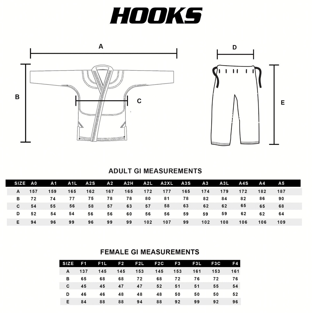 Hooks BJJ gi size chart showing adult sizes A0–A5 and female sizes F1–F4, with jacket and pants measurement diagrams.