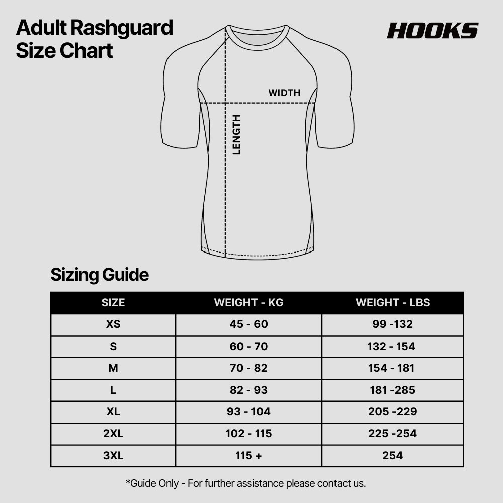 Hooks Women's Core BJJ Rashguard - Size Chart