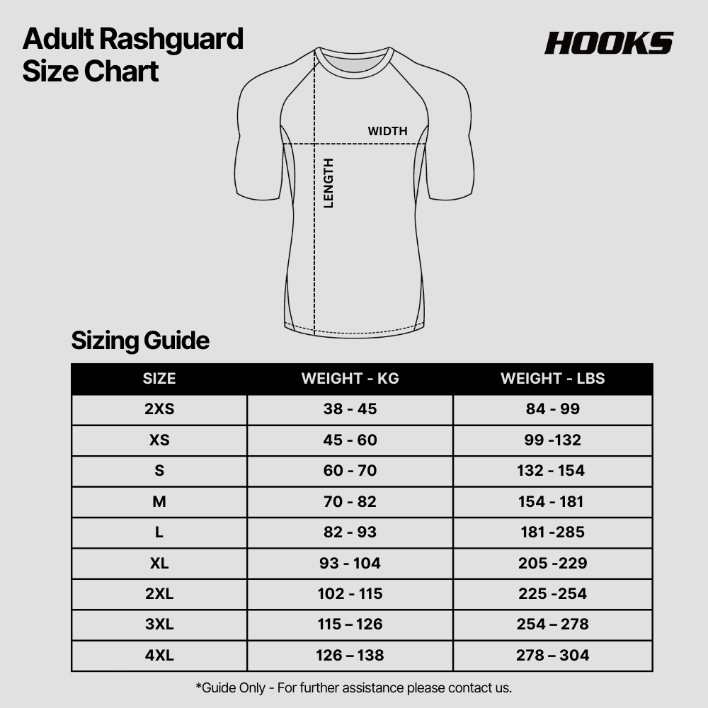 Hooks adult rash guard size chart