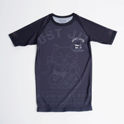 Black jiu-jitsu shirt with cat graphic and 'Just Jiu' branding on a white background