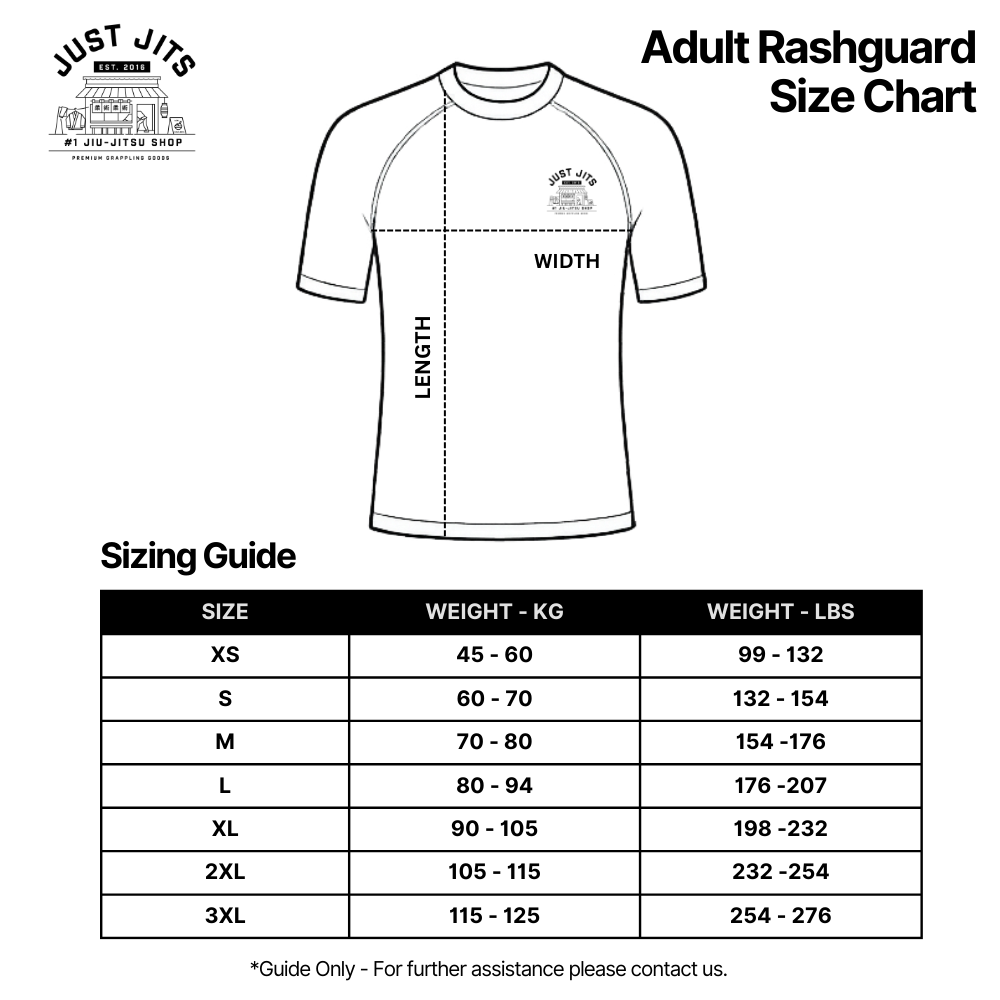 Just Jits adult rash guard size chart