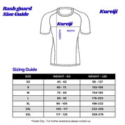 Kureiji rash guard size chart showing sizes XS to 3XL with weight ranges in kg and lbs