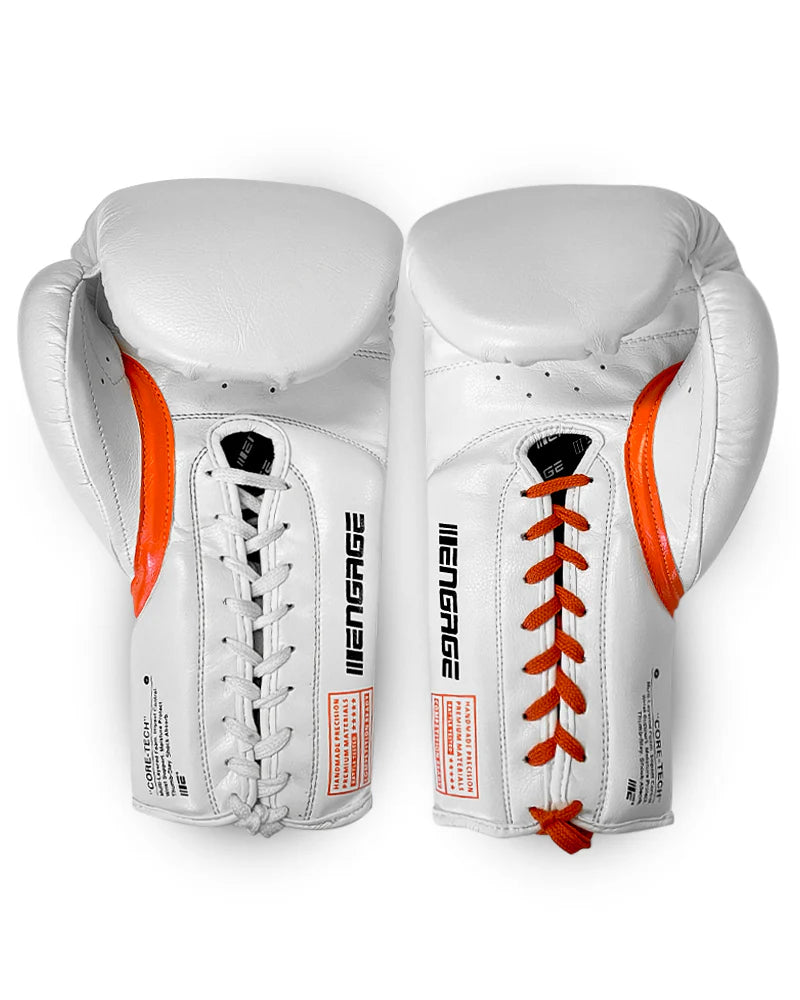 Pair of white boxing gloves with orange accents on a white background