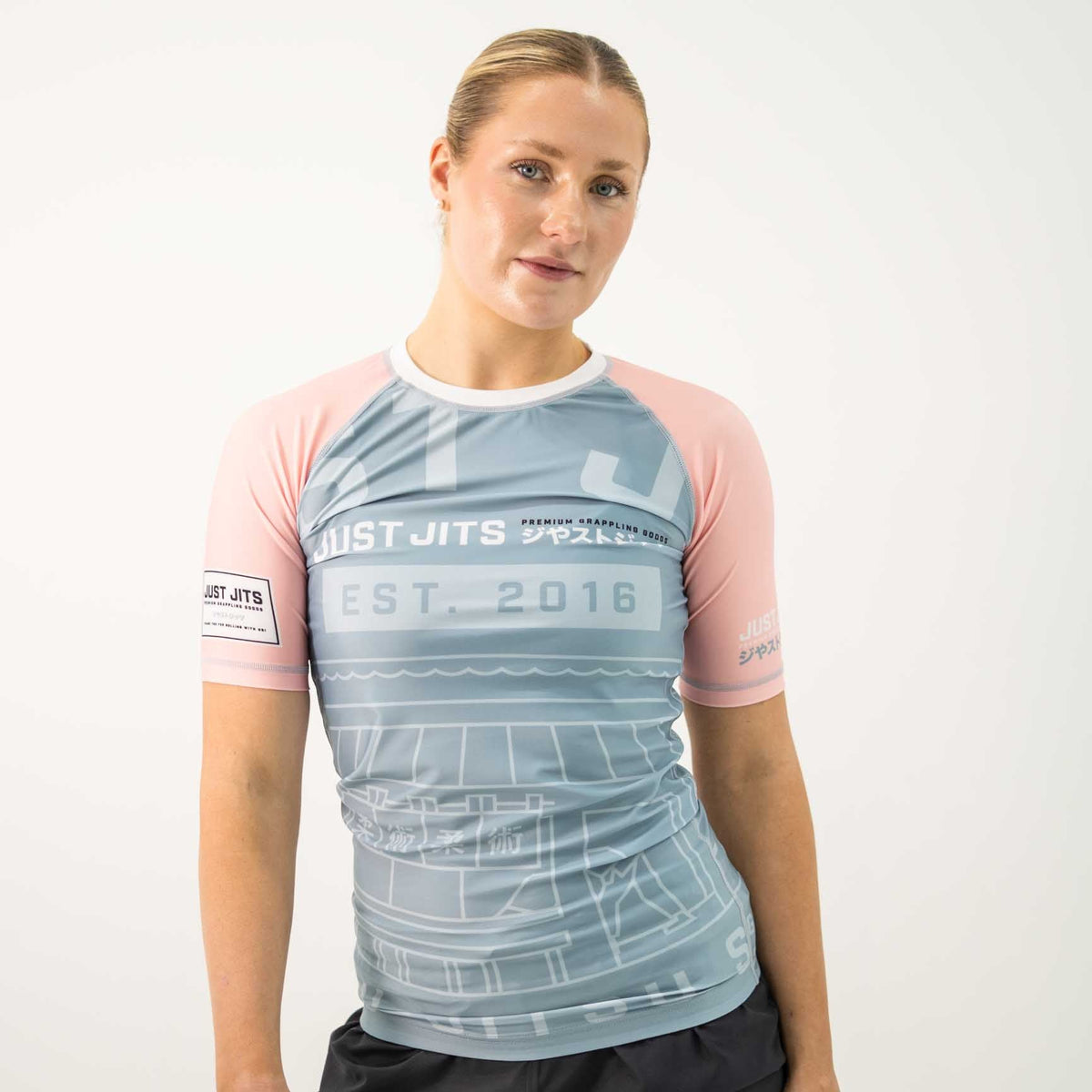 Just Jits Women's Short Sleeve Rashguard - Light Blue/Pink