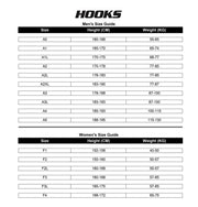 Hooks men's and women's size chart showing sizes A0–A5 and F1–F4 with height and weight ranges in CM and KG.