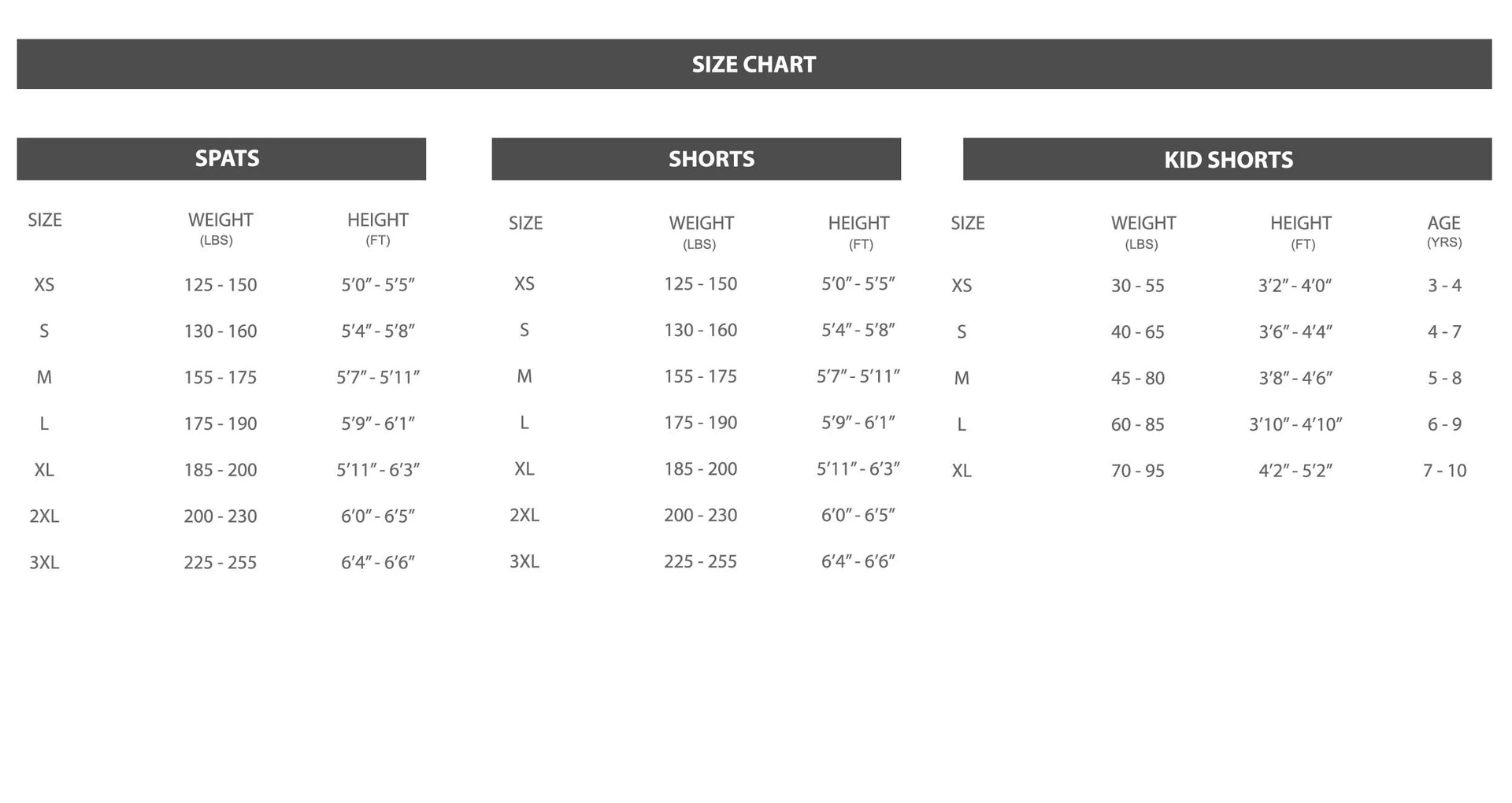 VHTS Shorts Size Chart