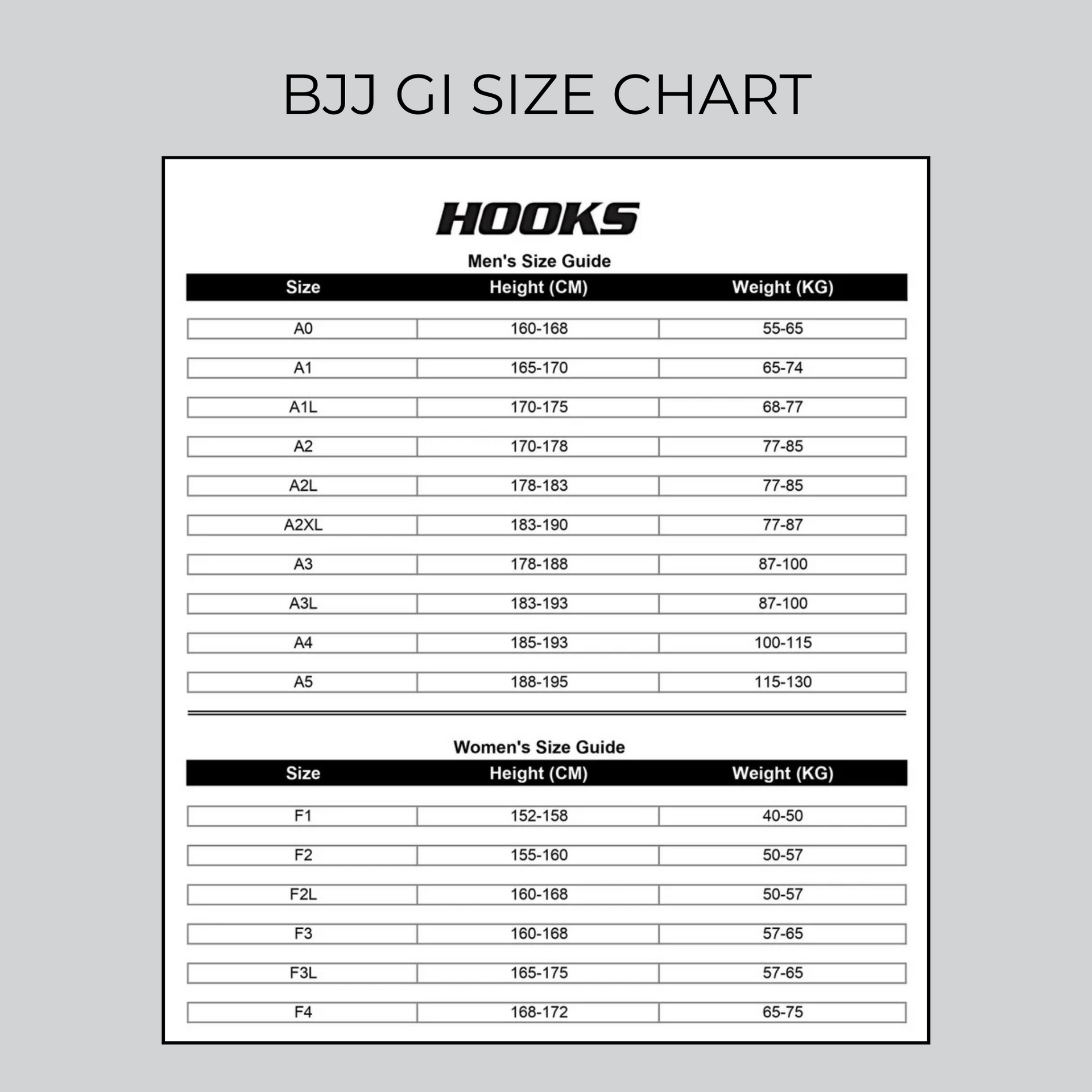 Hooks BJJ Gi Size Chart