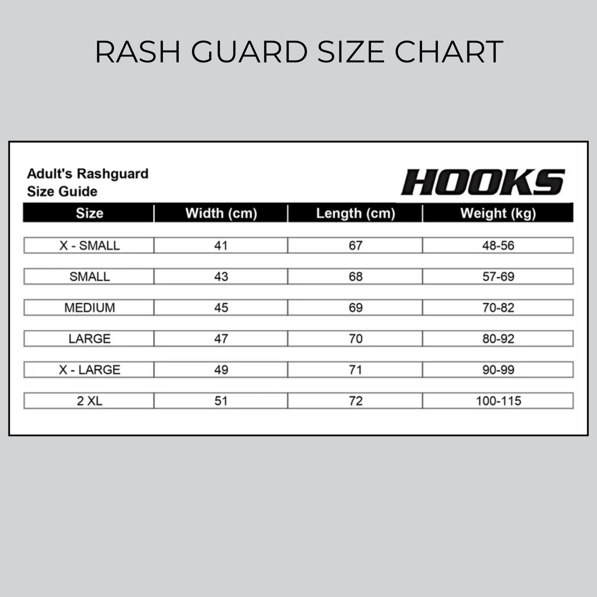 Hooks Rashguard Size Chart