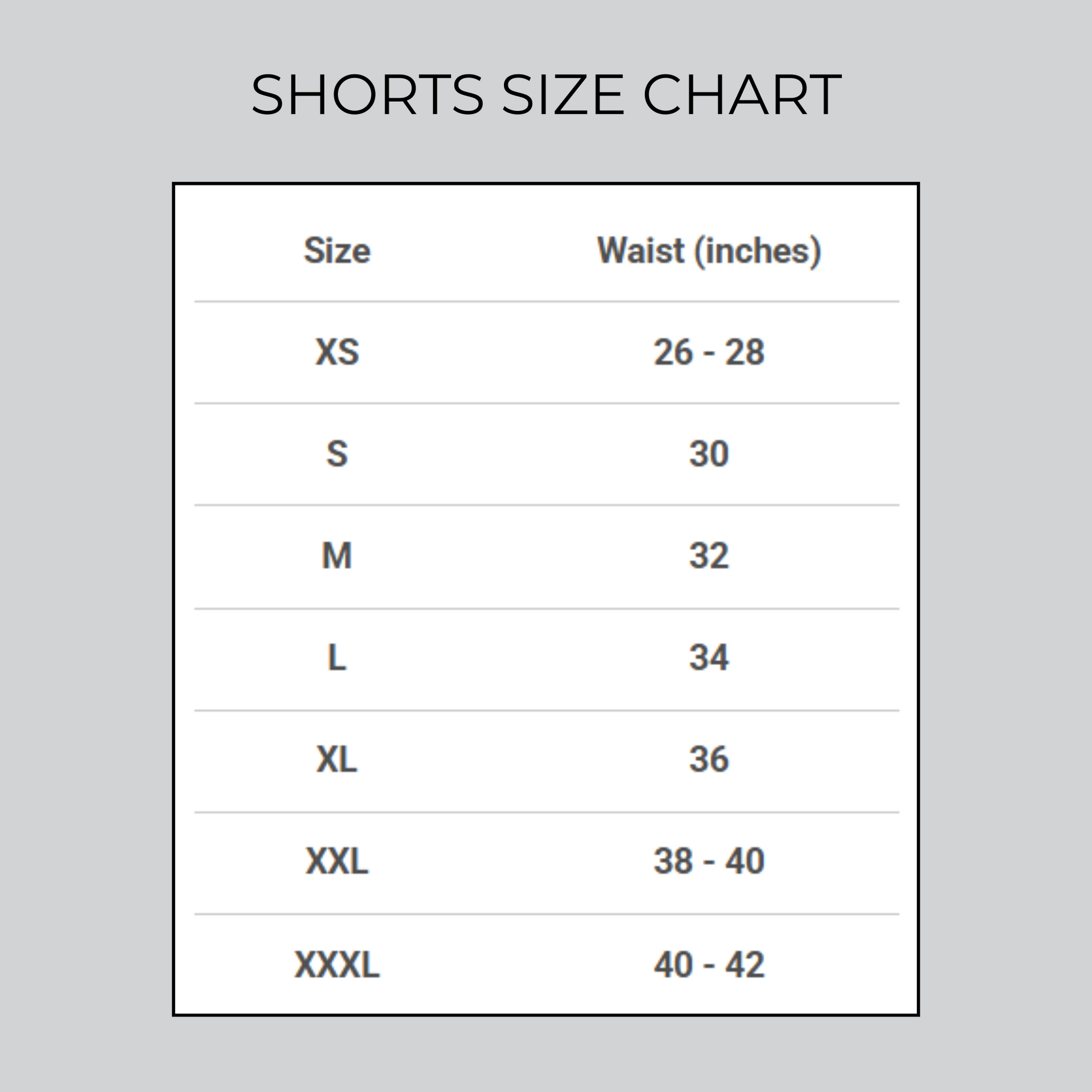 Hooks BJJ Shorts Size Chart