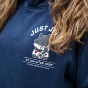 Close-up of Da Boss back print on hoodie featuring Digby in black belt and lucky cat stance