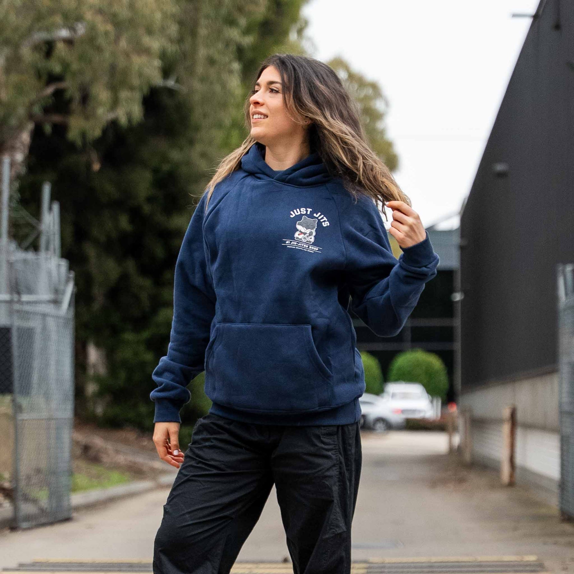 Person wearing the Just Jits BJJ Hoodie – Da Boss, front view