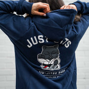 Lifestyle shot of the Just Jits BJJ Hoodie – Da Boss being worn, showing back