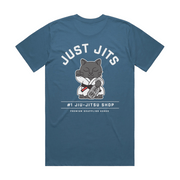 Flat lay of Just Jits BJJ T-Shirt – Da Boss, back design featuring Digby in lucky cat pose