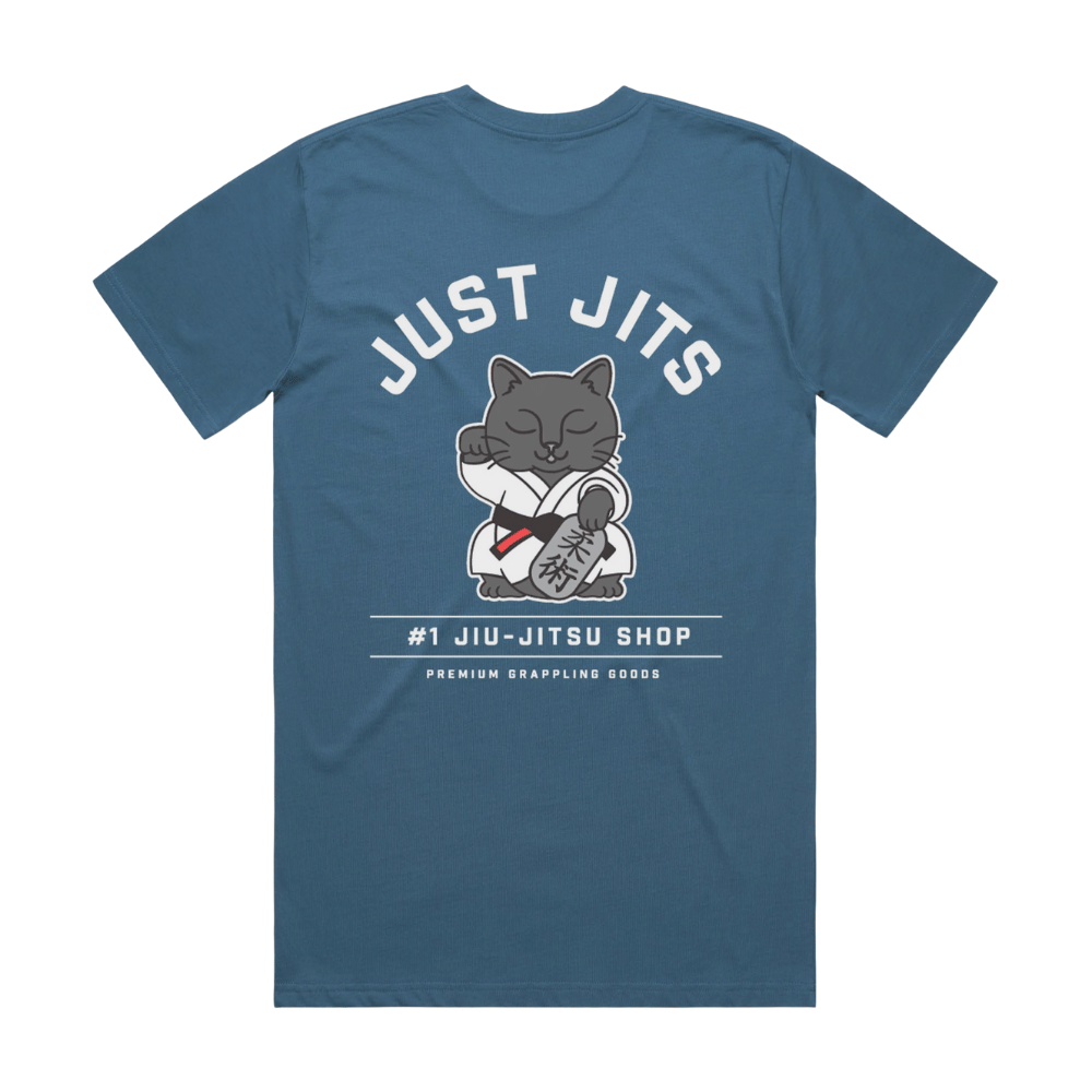 Flat lay of Just Jits BJJ T-Shirt – Da Boss, back design featuring Digby in lucky cat pose