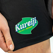 Side print detail view of Kureiji BJJ Shorts Twisties Chicken