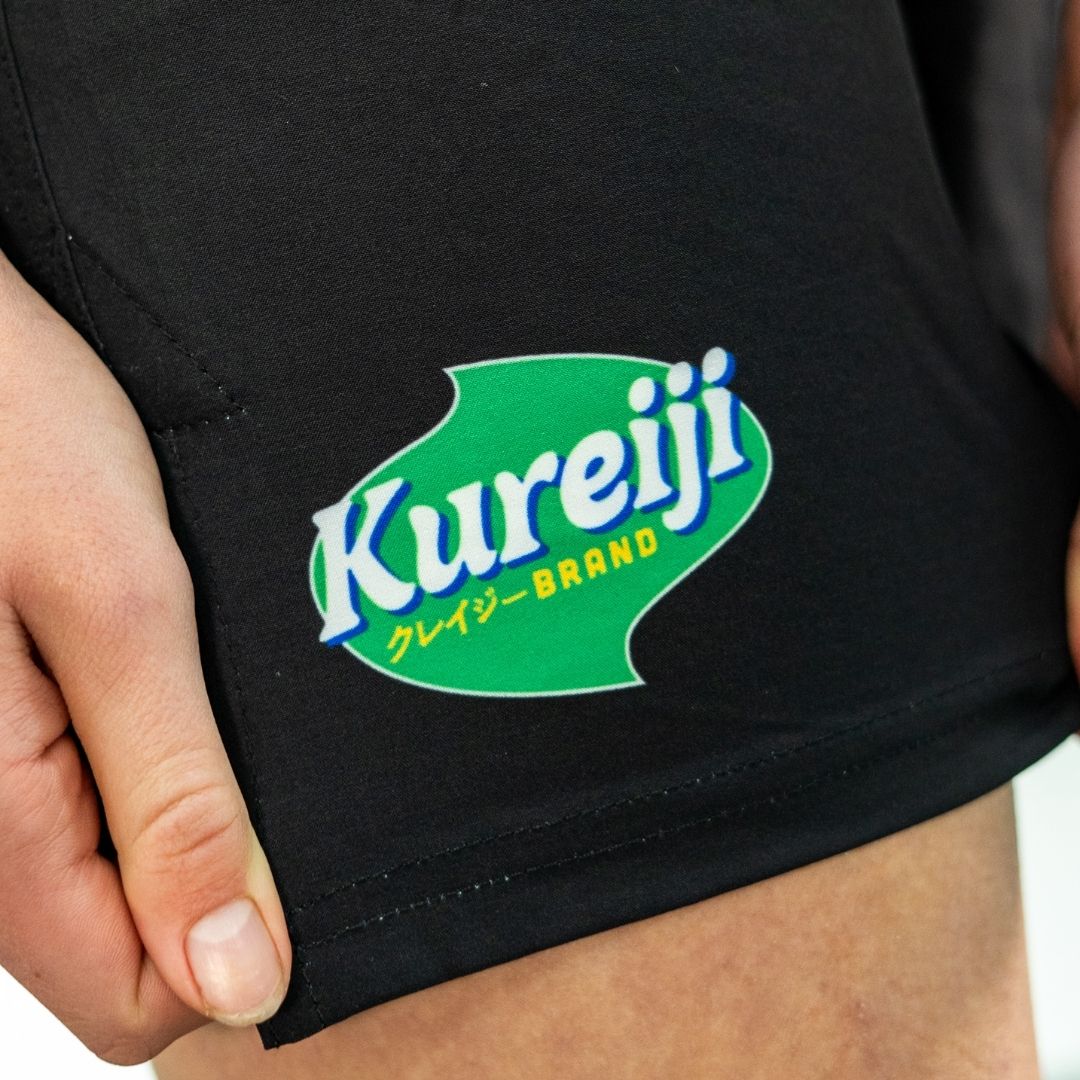 Side print detail view of Kureiji BJJ Shorts Twisties Chicken