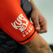 Sleeve detail close up of Kureiji Short Sleeve BJJ Rashguard Twistied Fingers Cheese one side