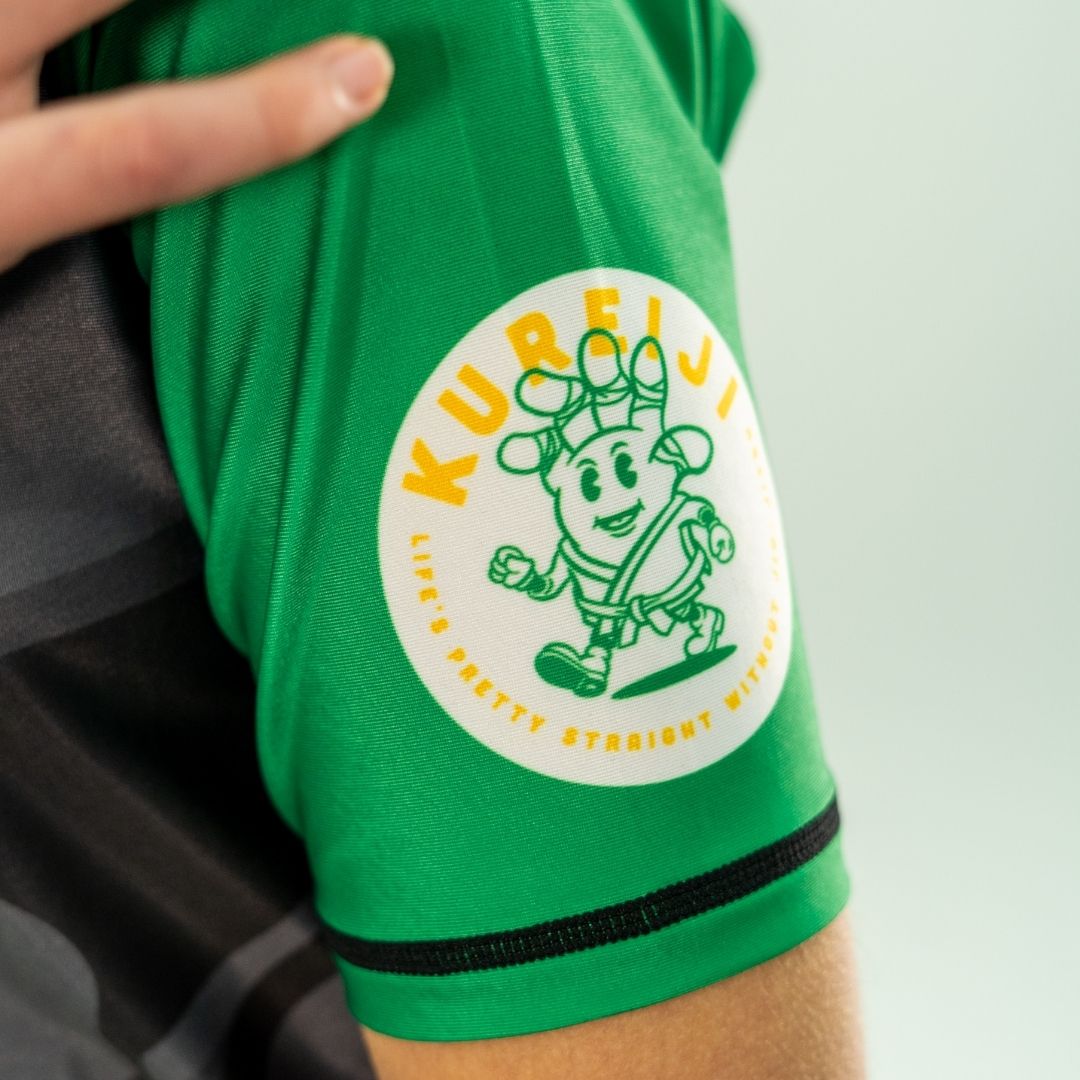 Additional sleeve detail view of Kureiji Short Sleeve BJJ Rashguard Twistied Fingers Chicken
