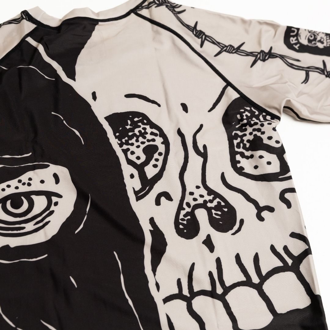 Close up of back print details on Executioner BJJ rash guard