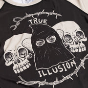 Close up of front print details on Executioner BJJ rash guard