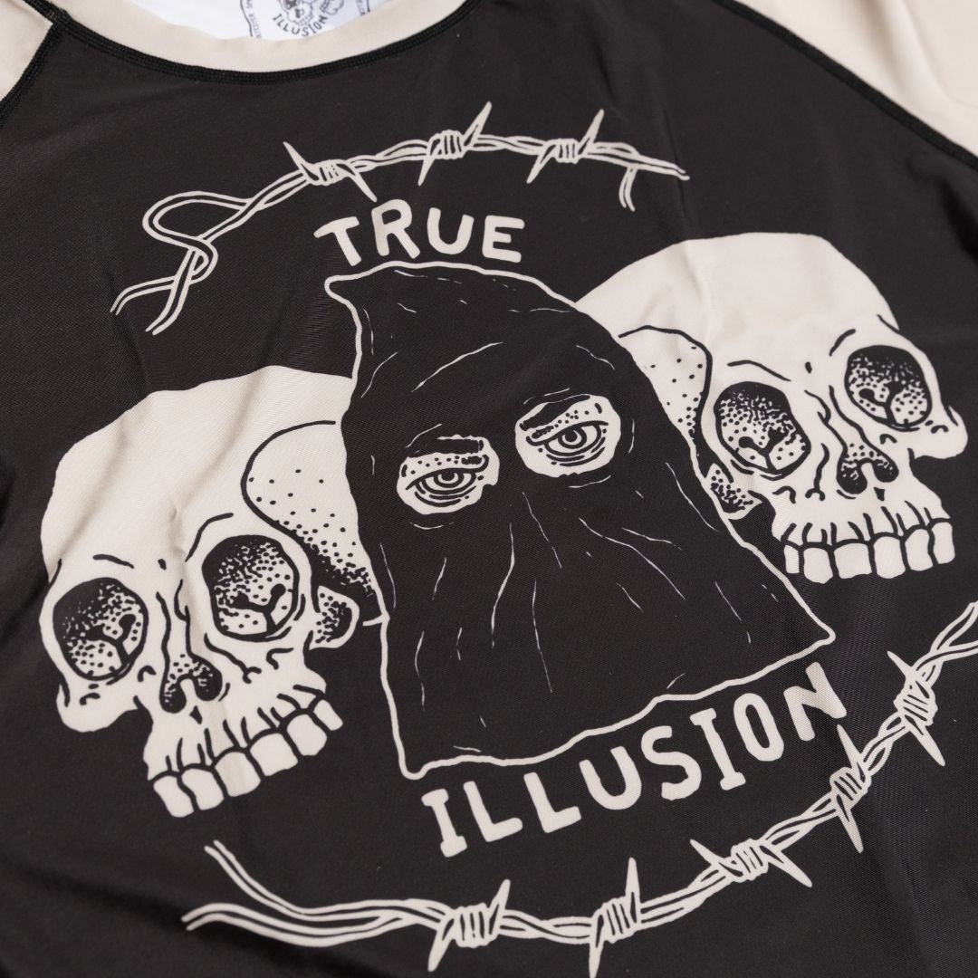 Close up of front print details on Executioner BJJ rash guard
