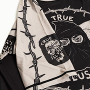 Close up of sleeve print details on Executioner BJJ rash guard