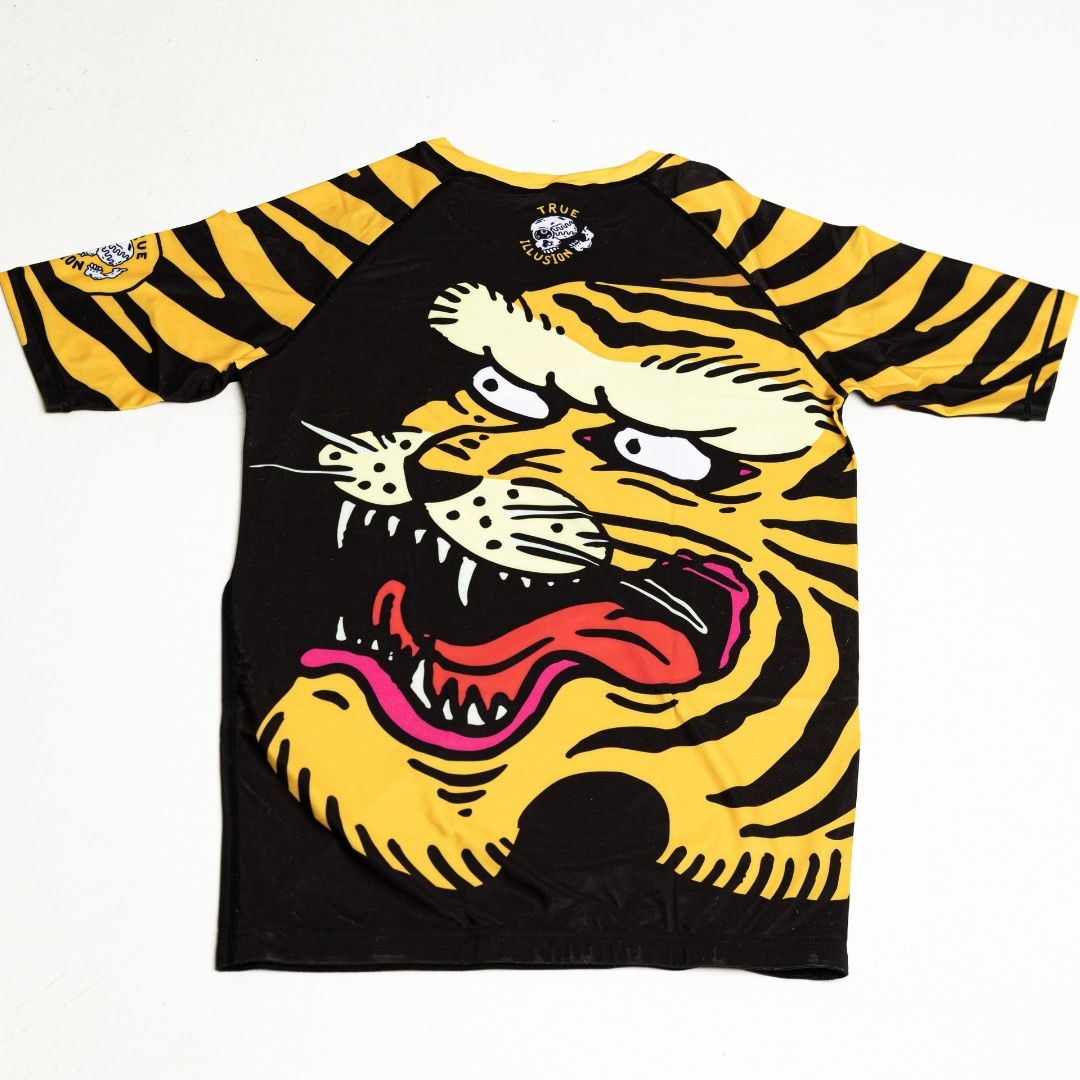 True Illusion Tiger BJJ rash guard back flat lay view