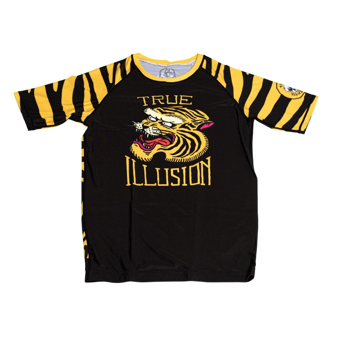 True Illusion Tiger BJJ rash guard front flat lay view