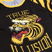 Close up of tiger print detail on front of True Illusion BJJ rash guard