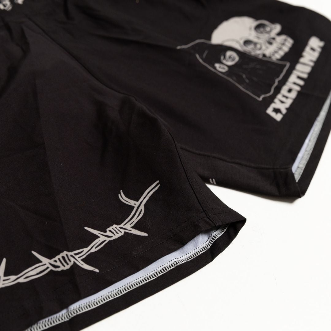 Additional close up of front Executioner print on BJJ Shorts