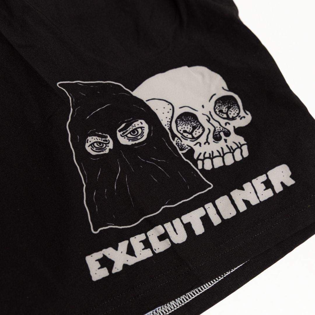 Close up of front print details on Executioner BJJ Shorts