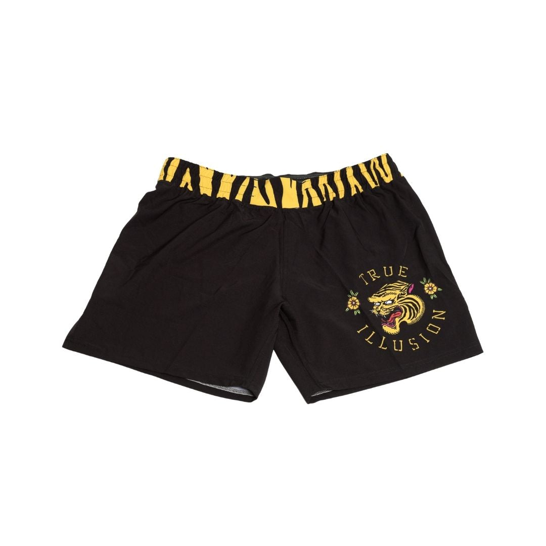 True Illusion BJJ Tiger Shorts flat lay front view